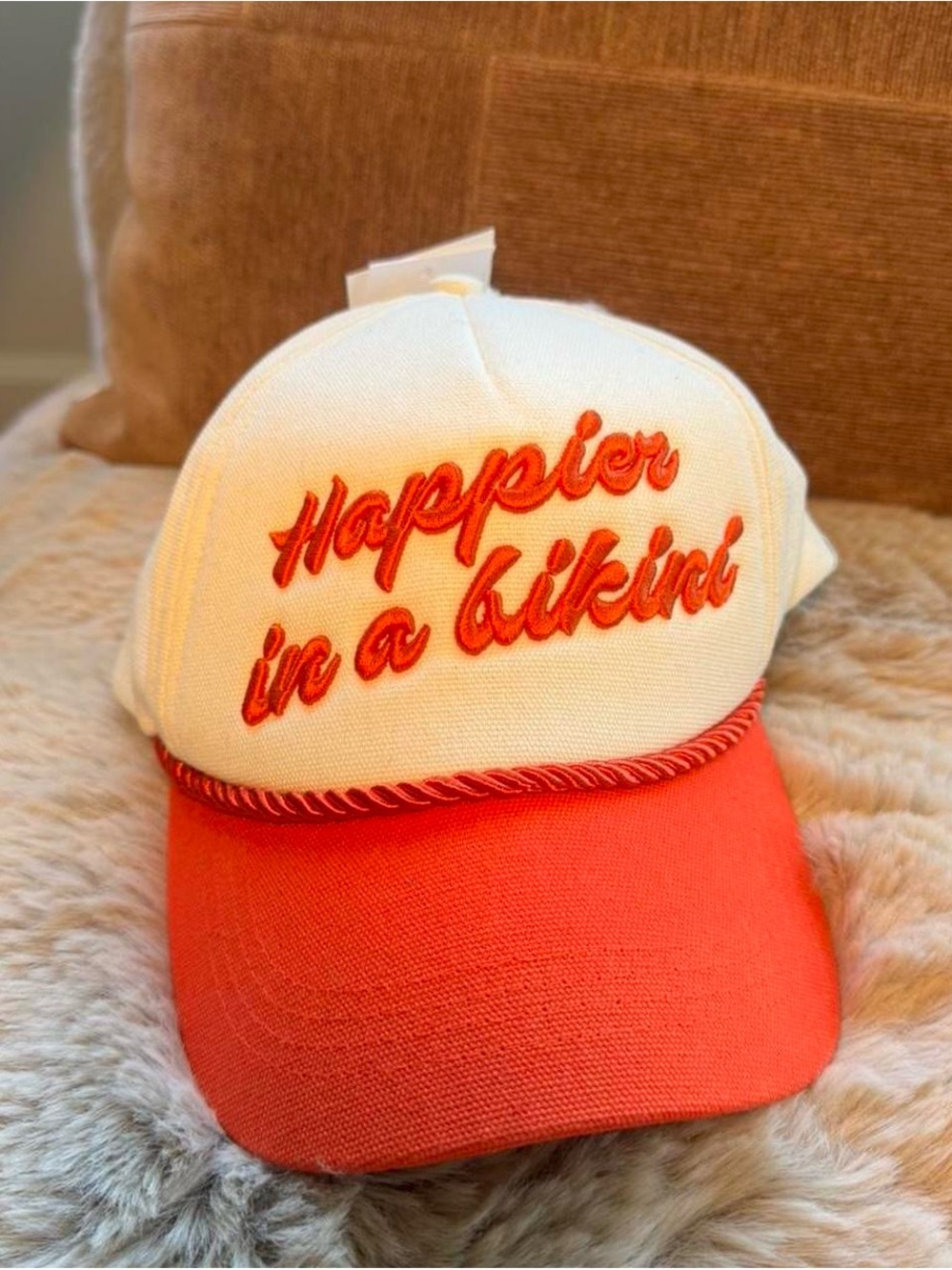 l*space White and Coral Hat with Coral Script
